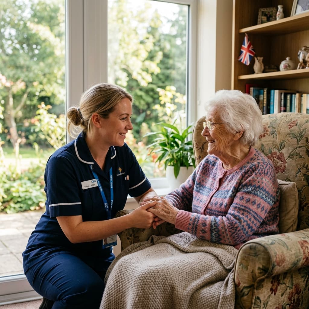 Care worker warmly assisting an elderly resident, building trust and providing quality care
